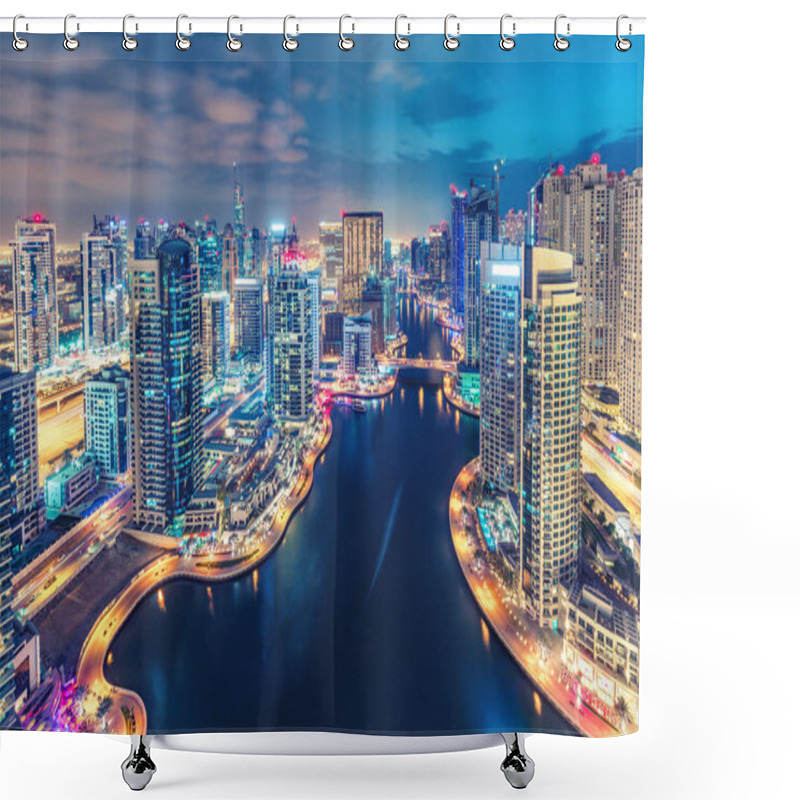 Personality  Scenic Nighttime Skyline Of Big Modern City With Illuminated Skyscrapers. Aerial View Of Dubai Marina, UAE.  Shower Curtains