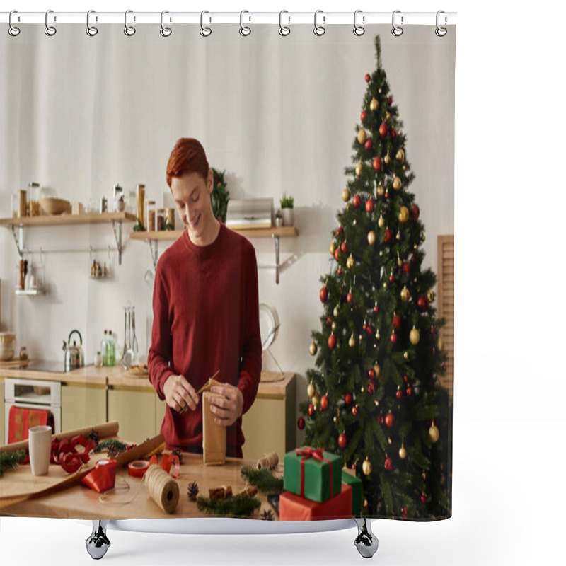 Personality  In A Cheerful Kitchen, A Young Man Wraps Holiday Gifts While Surrounded By Christmas Decor. Shower Curtains