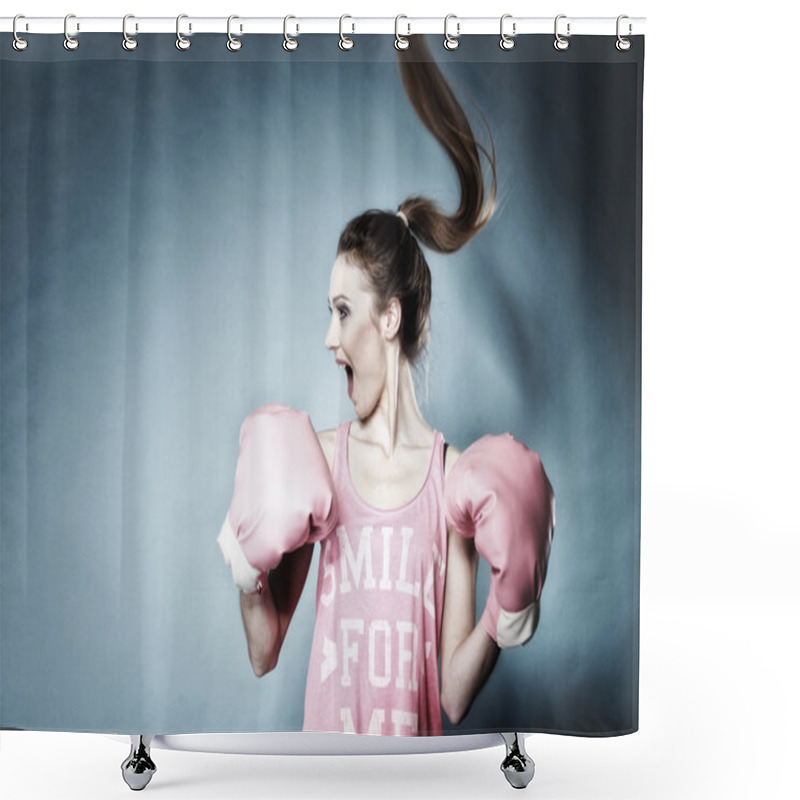 Personality  Female Boxer Model With Big Fun Pink Gloves Shower Curtains