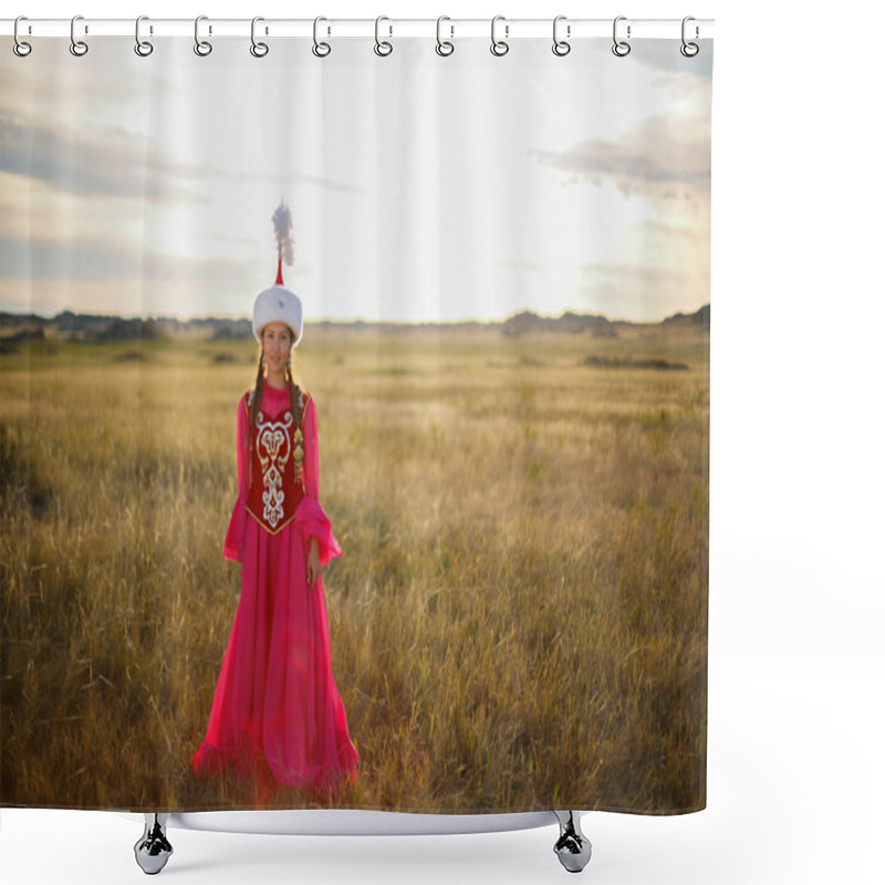 Personality  Beautiful Kazakh Woman In National Costume In The Steppe Dancing With Dombyra Shower Curtains