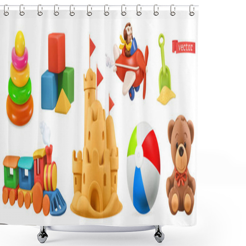 Personality  Kids Toys. Train, Plane, Castle, Ball, Cubes, Bear. 3d Vector Icon Set Shower Curtains