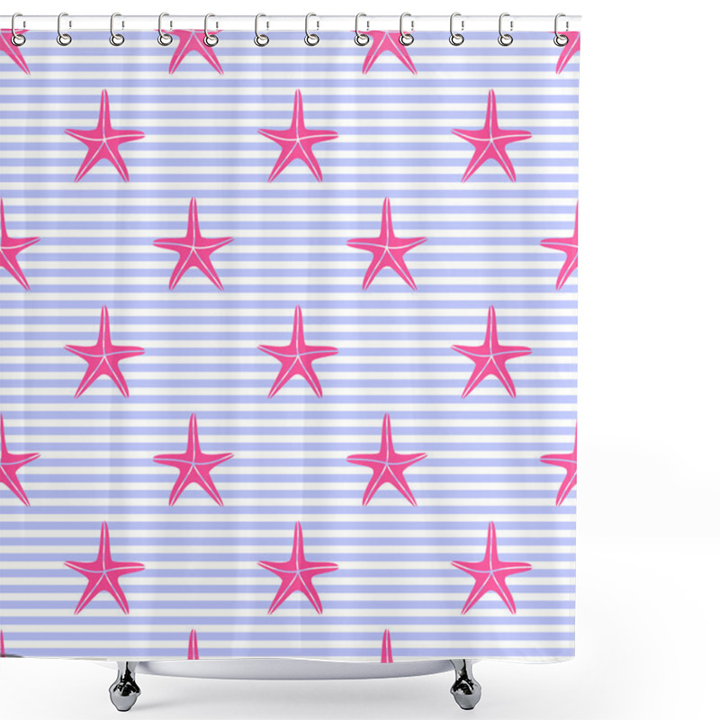 Personality  Seamless Pattern With Pink Starfishes On Stripes Shower Curtains