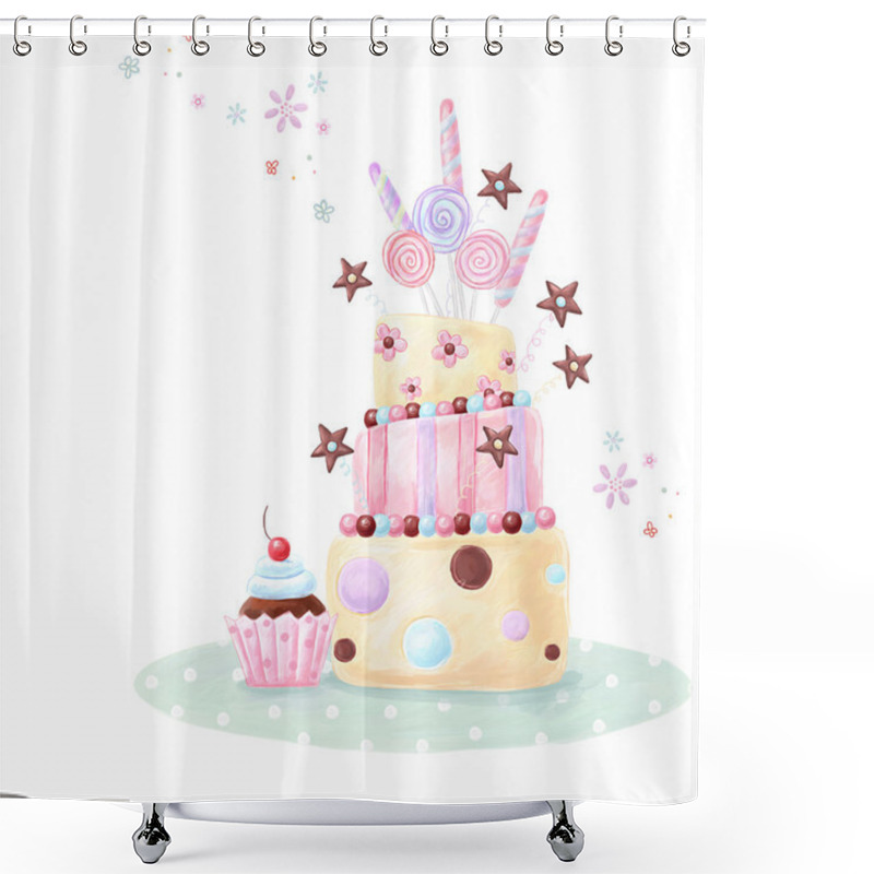 Personality  Tea Time Template Design. Illustration Made Of Birthday Cake, Sweets And Cupcake.Bright Summer Outlines Made From Tea Things. Let's Tea! Birthday Cake. Shower Curtains