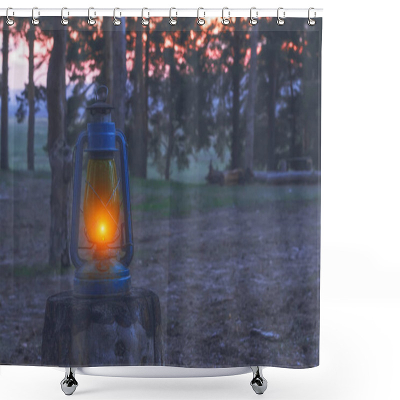 Personality  Kerosene Lamp On A Stump In The Dark Forest. Shower Curtains