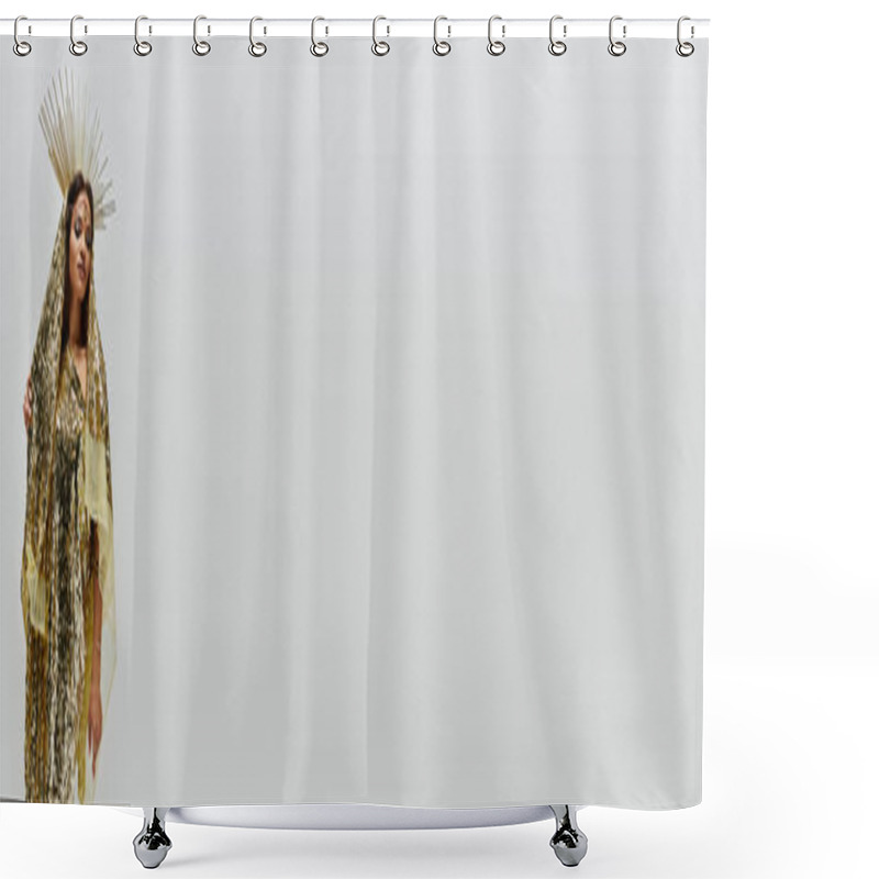 Personality  A Captivating African American Goddess Wearing A Shimmering Golden Dress Exudes Elegance In A Studio. Shower Curtains