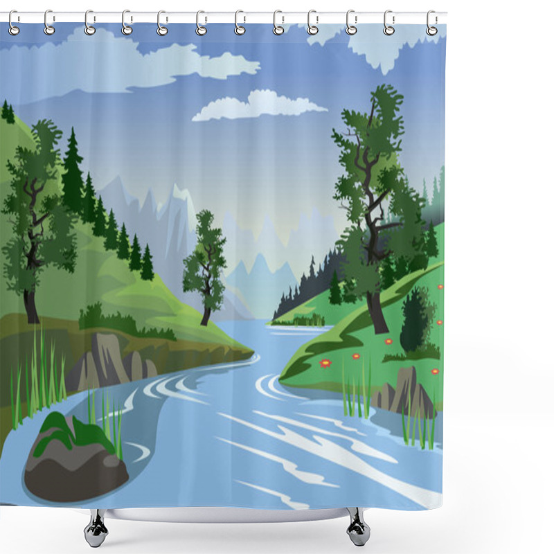 Personality  River Flowing Through Hills Shower Curtains