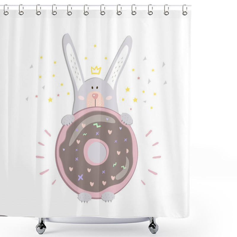 Personality  St Valentinas Day Postcard With Cute Gray Rabbit With Pink Donut And Yellow Stars And Yellow Crown Shower Curtains