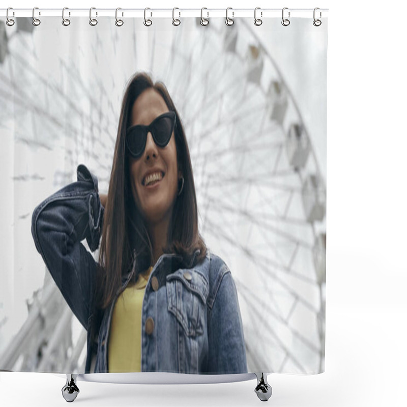 Personality  Low Angle View Of Smiling Tourist In Sunglasses Standing Near Blurred Ferris Wheel  Shower Curtains