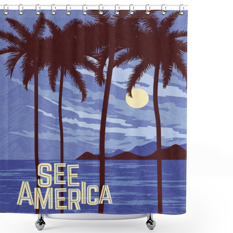 Personality  Travel Poster Template Of Tropical Paradise. Silhouette Of Palm Trees In The Moonlight. Gradient Free Vector Illustration. Shower Curtains