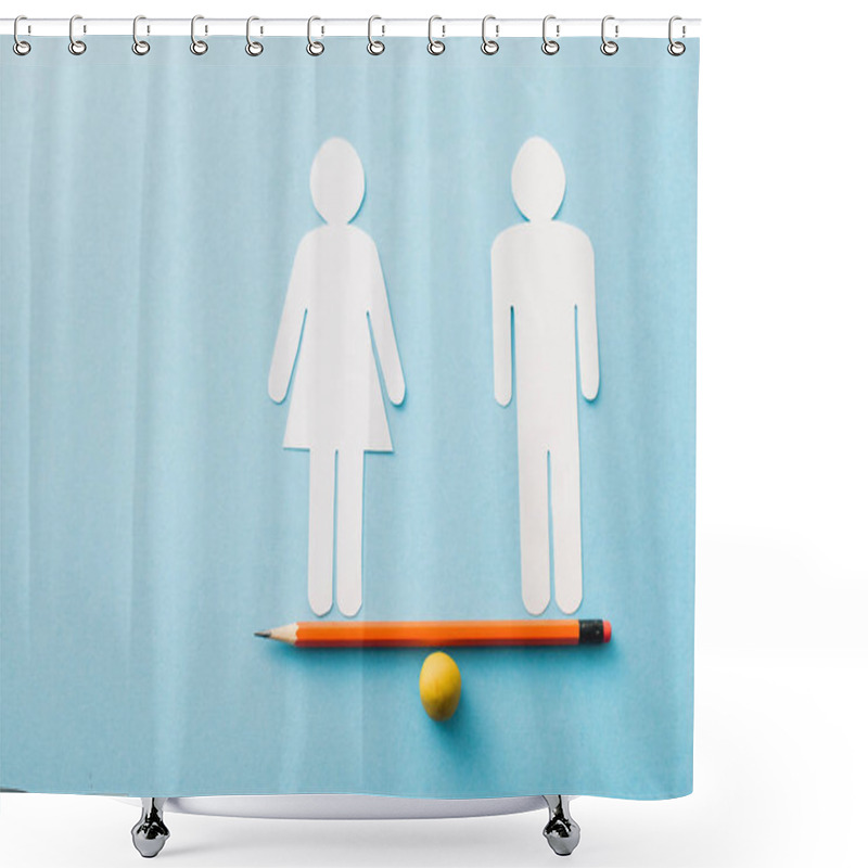 Personality  Small Ball And Pencil With Paper Cut Of Couple Isolated On Blue, Sexual Equality Concept  Shower Curtains