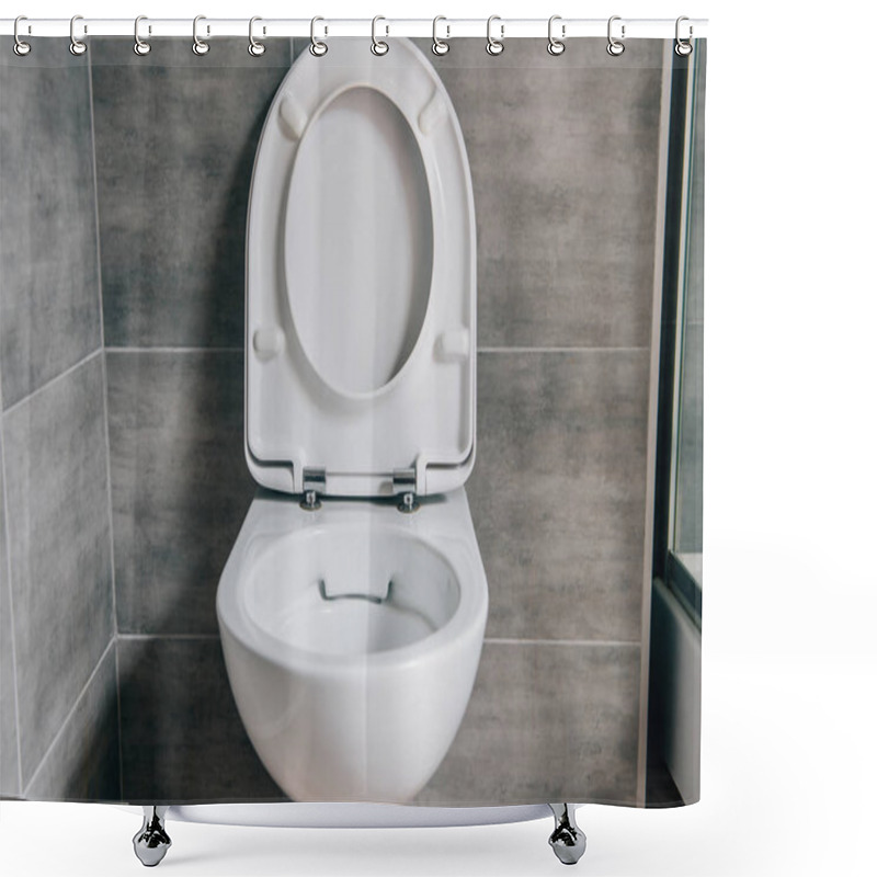 Personality  Close Up View Of White Ceramic Toilet In Modern Bathroom  Shower Curtains