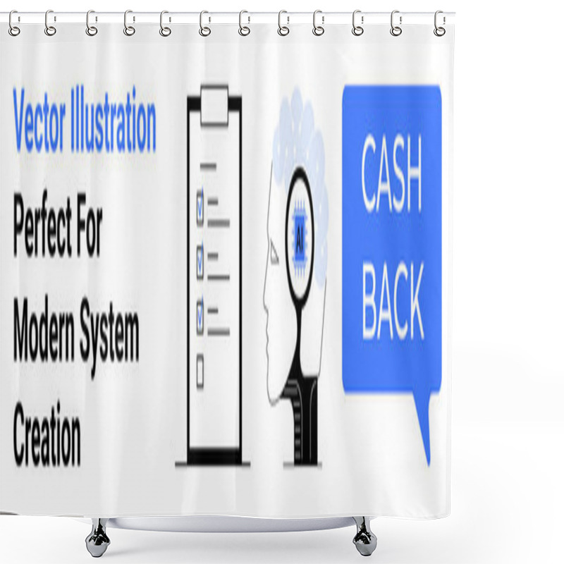 Personality  Checklist On Clipboard, Human Head With AI Brain Gear, And Cashback Speech Bubble. Ideal For Technology, Task Organization, AI Concepts, Rewards Programs, Financial Tools, Data Systems Flat Landing Shower Curtains