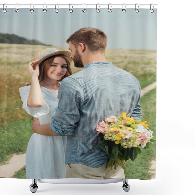 Personality  Man Hiding Bouquet Of Wild Flowers For Girlfriend Behind Back In Summer Field Shower Curtains