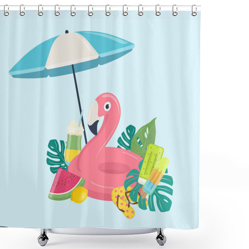 Personality  Summer Beach Vector Background With Pink Flamingo Inflatable Pool Float, Exotic Leaves, Fruits And Beach Umbrella.  Summer Beach Vacations Concept. Vector Illustration On Blue Background Shower Curtains