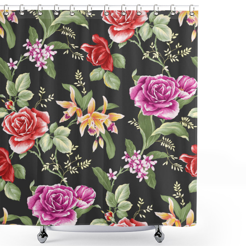 Personality  Seamless Floral Pattern With Roses On Black Background. Clothing Design. Background For Creativity. Trendy Textile, Fabric, Wrapping. Shower Curtains