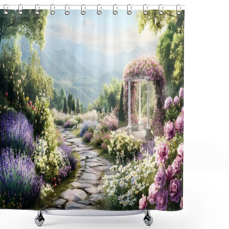 Personality  A Peaceful Garden Pathway Adorned With Blooming Flowers Leads To A Charming Gazebo, Surrounded By Lush Greenery And Breathtaking Hills, Perfect For Relaxation. Shower Curtains