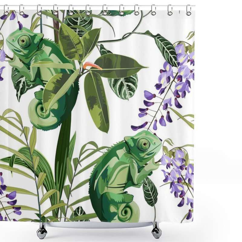 Personality  Chameleon, Tropical Plant, Palm Leaves And Wisteria Violet  Flowers, Seamless Pattern. Green Reptile  Illustration For Book Or Pet Store, Zoo. White Background. Shower Curtains