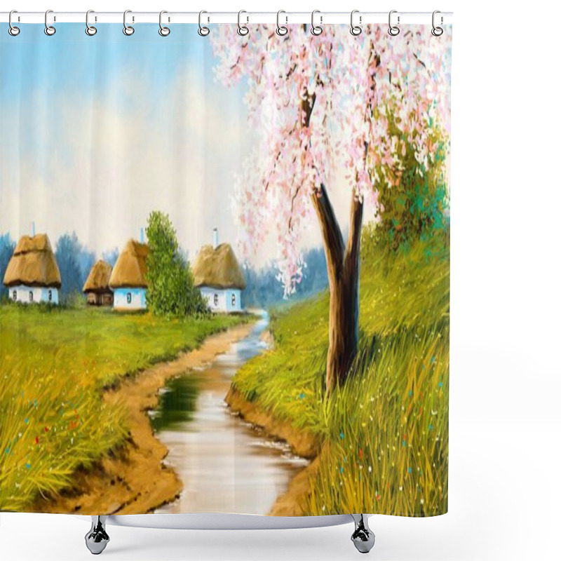 Personality  Spring Paintings Landscape, Old Village, House On The Hill, Landscape With A River Shower Curtains