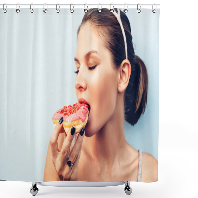 Personality  Attractive Brunette Sexy Woman Eating Tasty Donut Shower Curtains