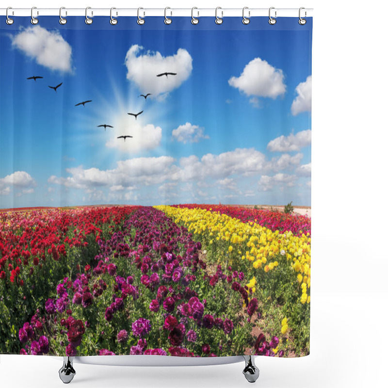 Personality  Field Of Flowers And Flock Of Cranes Shower Curtains