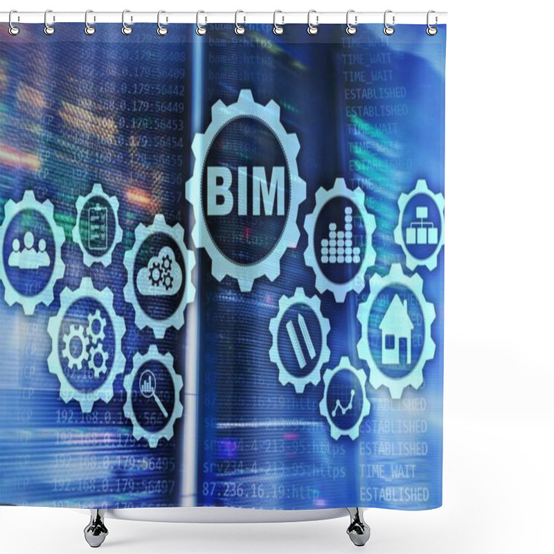 Personality  Building Information Modeling. BIM On The Virtual Screen With A Server Data Center Background. Shower Curtains