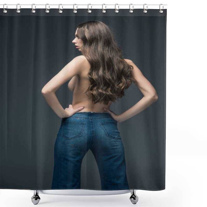 Personality  Back View Of Half Naked Woman With Long Hair Posing In Jeans, Isolated On Grey Shower Curtains