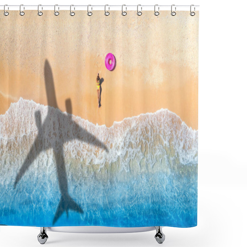 Personality  Aerial View Of Airplane Shadow, Lying Beautiful Young Woman, Pink Swim Ring, Tropical Sandy Beach, Sea With Waves At Sunset. Summer Vacation In Island. Top View Of Slim Girl, Azure Water, Plane Shadow Shower Curtains