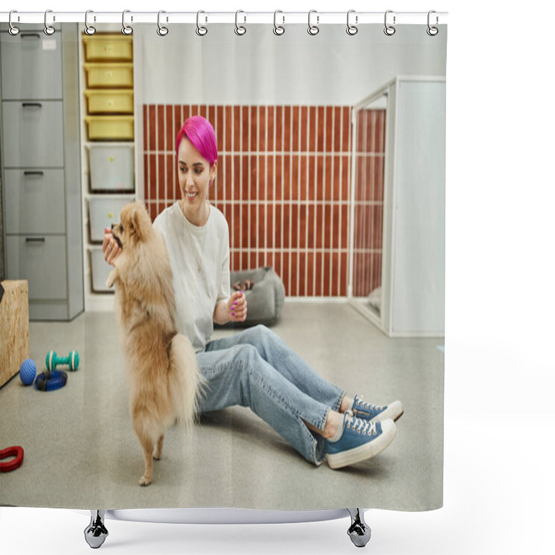 Personality  Joyful Female Dog Sitter Treating Pomeranian Spitz While Sitting On Floor During Training Class Shower Curtains