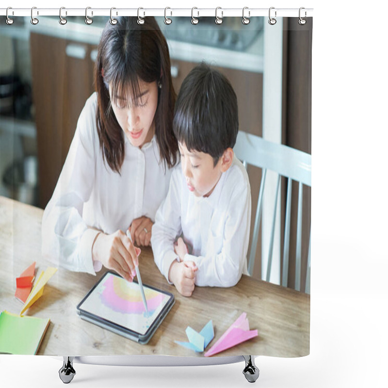 Personality  Mother And Child Playing With A Tablet PC In The Room Shower Curtains