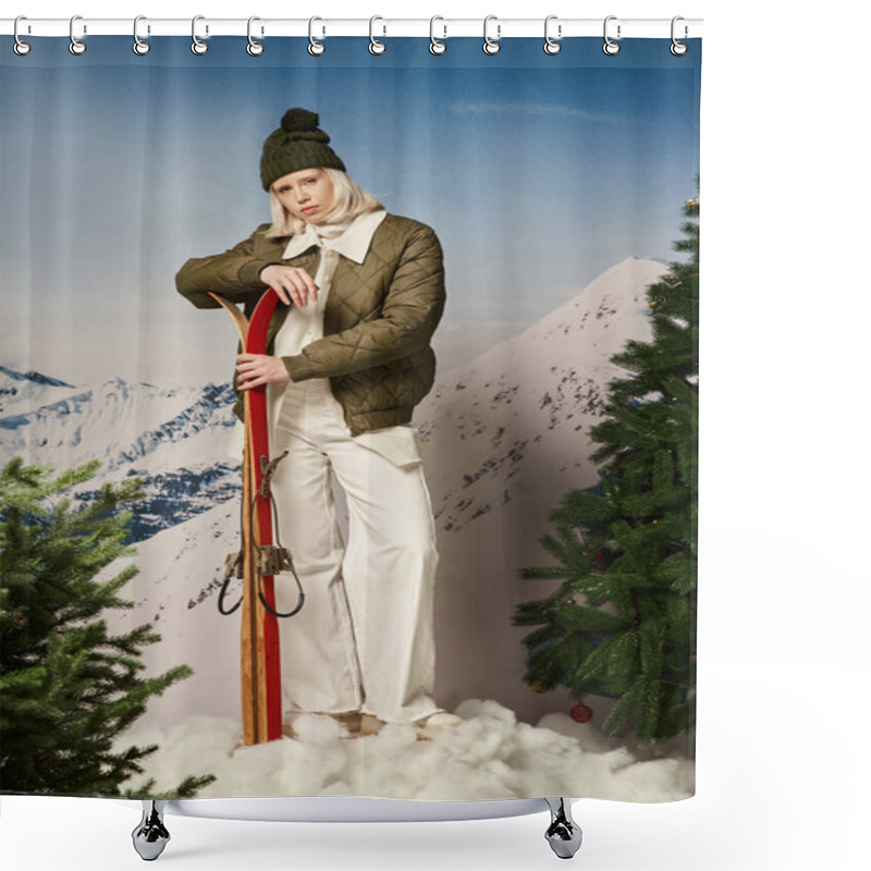 Personality  Stylish Beautiful Woman In Warm Outfit With Bobble Hat Holding Skis Among Fir Trees, Winter Concept Shower Curtains