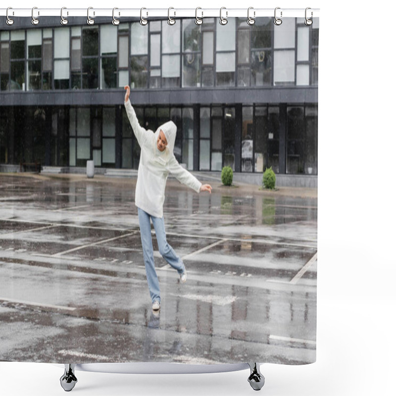 Personality  Full Length Of Happy African American Woman In Waterproof Raincoat And Jeans Having Fun During Rain  Shower Curtains