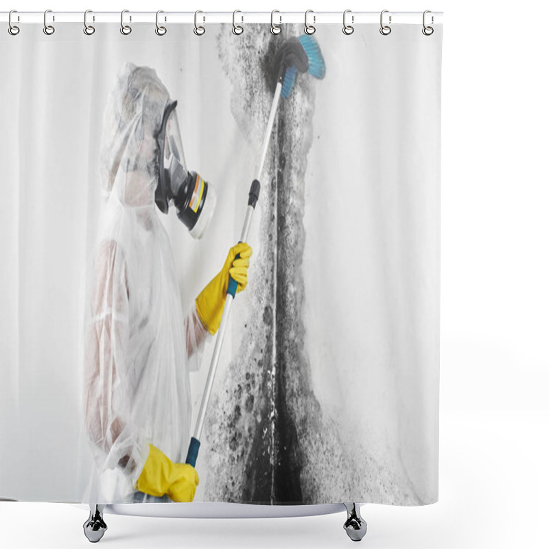 Personality  A Professional Disinfector In Overalls Processes The Walls From Mold With A Brush. Removal Of Black Fungus In The Apartment And House. Aspergillus Shower Curtains