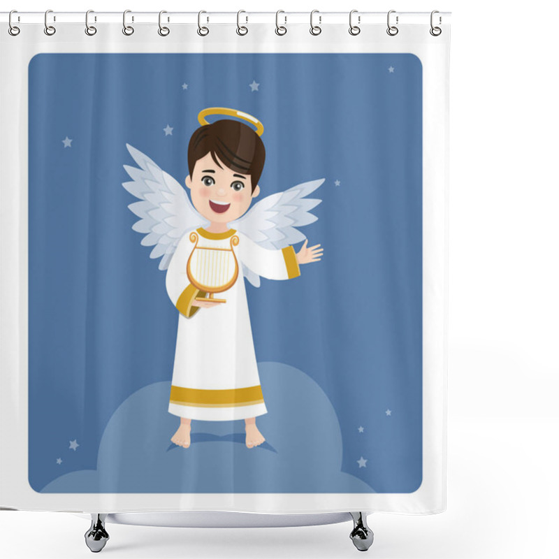 Personality  Angel Playing The Harp On Blue Sky And Stars Background. Vector Illustration Shower Curtains