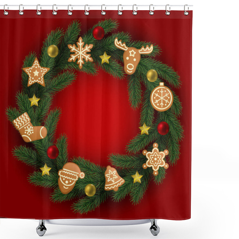 Personality  Christmas And New Year Round Frame From Fir Tree Shower Curtains