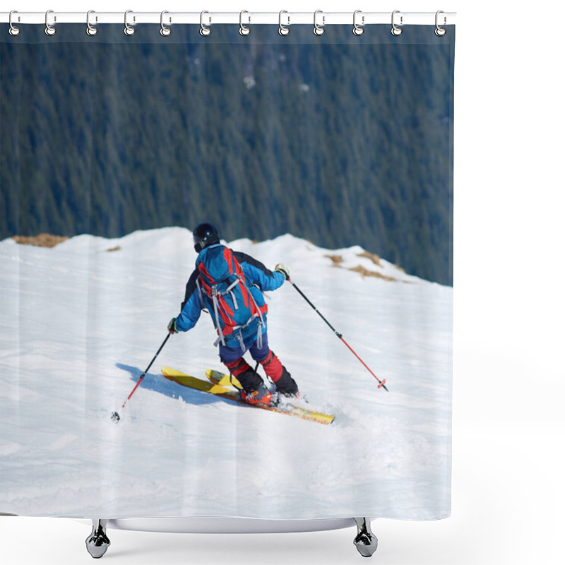 Personality  Skier Hiker With Backpack On Skis In Deep White Snow On Background Of Beautiful Winter Landscape Shower Curtains