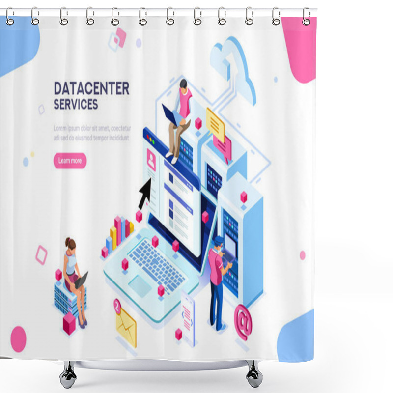 Personality  Internet Datacenter Connection, Administrator Of Web Hosting Concept. Character And Text For Services. Tech Repair Center Hardware Software Database For Safe Server. Flat Isometric Vector Illustration Shower Curtains