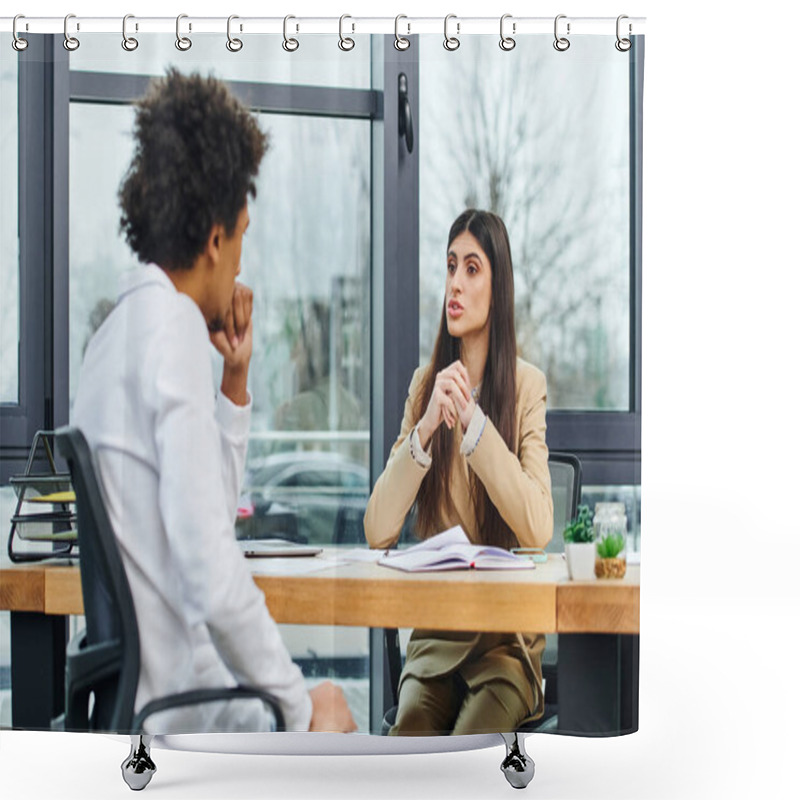 Personality  A Man And Woman Engaged In Conversation At A Desk. Shower Curtains