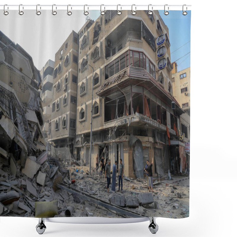 Personality  Palestinians Inspect The Ruins Of The Watan Tower, Which Was Destroyed By Israeli Air Strikes In Gaza City,  October 8, 2023. Gaza, Palestine: Palestinians Inspect The Ruins Of The Watan Tower, Which Was Destroyed By Israeli Air Strikes In Gaza Shower Curtains