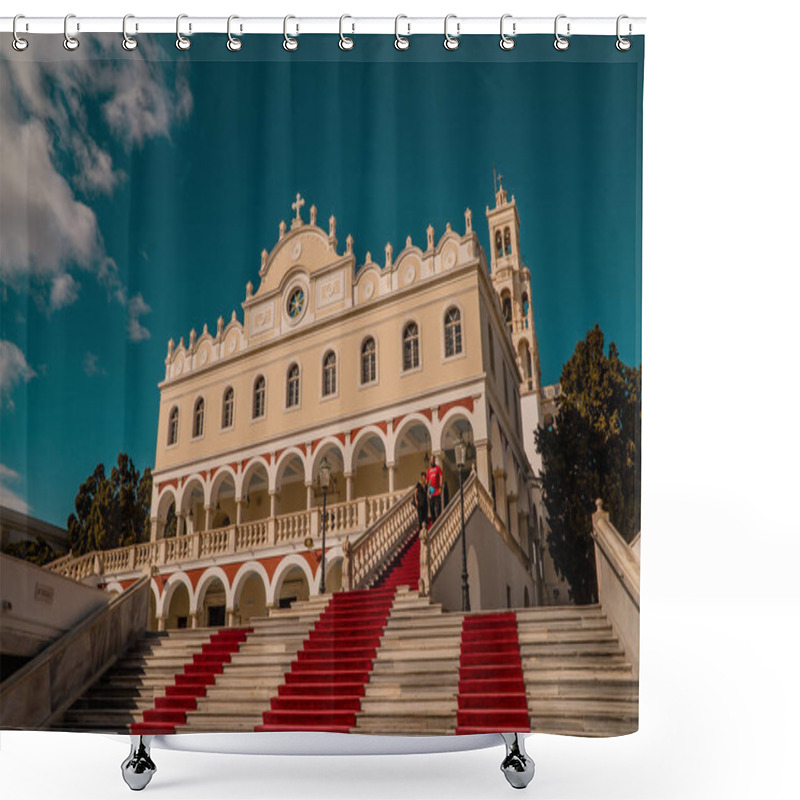 Personality  Tinos Town, Greece - October 8, 2020 - Panoramic Sunset View Of Our Lady Of Tinos Orthodox Monastery In The Island Of Tinos, Cyclades Shower Curtains