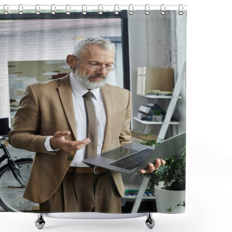 Personality  A Middle-aged Man With A Beard, Wearing A Suit, Teaches Online Through A Laptop In A Bright, Modern Office. Shower Curtains