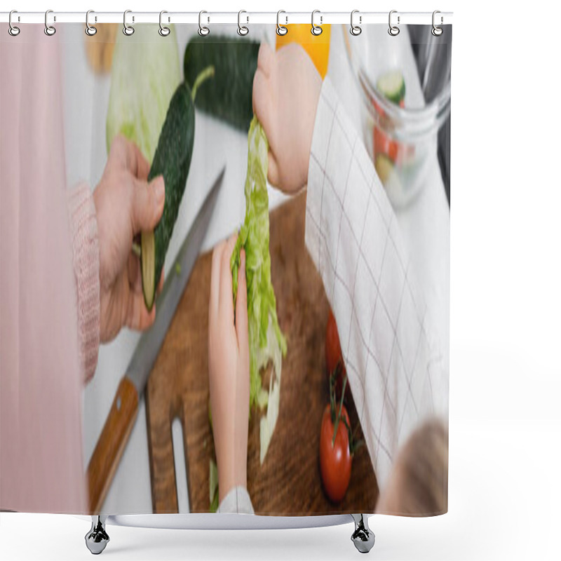 Personality  Top View Of Cropped Woman And Child Near Fresh Vegetables On Kitchen Table, Banner Shower Curtains