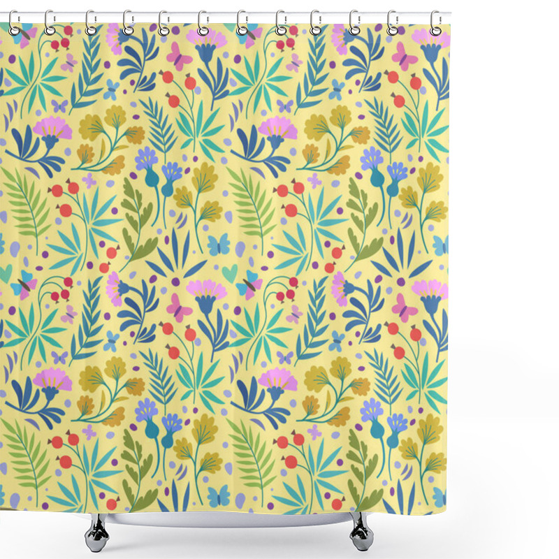 Personality  Vector Seamless Patterns With Cute Beautiful Flowers, Butterflies And Leaves In Minimalistic Trendy Doodle Style. Shower Curtains