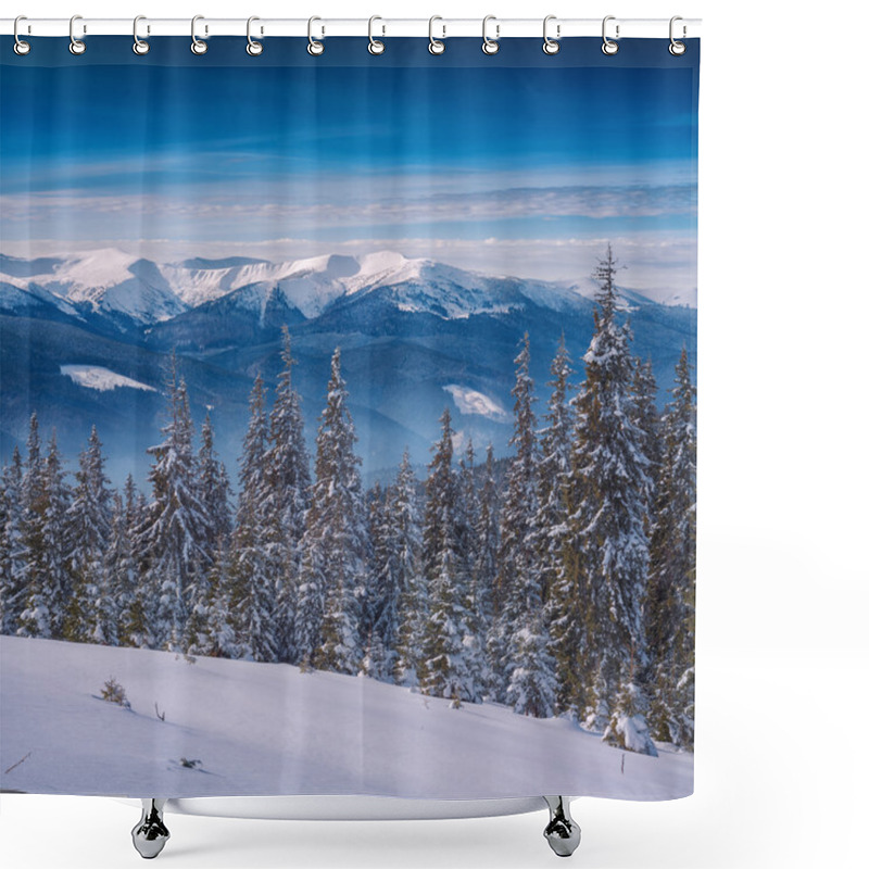 Personality  Vertical Panorama Of Carpathian Winter Valley Shower Curtains