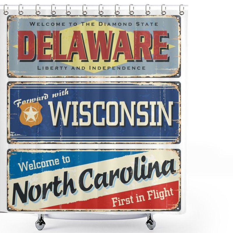 Personality  Vintage Tin Sign Collection With America State. All States. Retro Souvenirs Or Old Paper Postcard Templates On Rust Background. States Of America. Delaware. Wisconsin. North Carolina. US. Shower Curtains