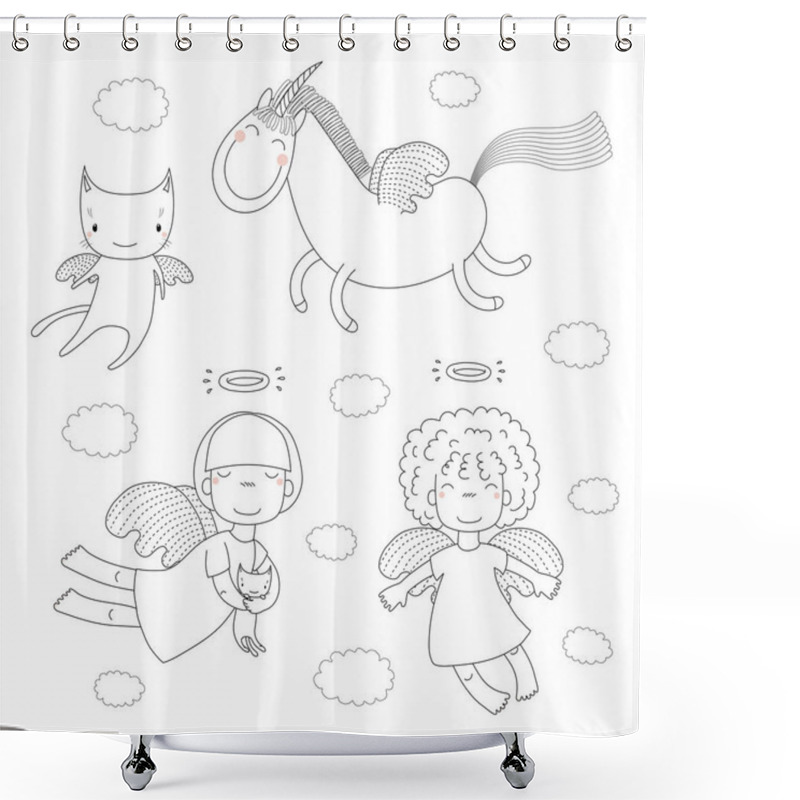 Personality  Hand Drawn Black And White Cute Little Angel Girls And Cat With Wings And Unicorn, Vector, Illustration Shower Curtains