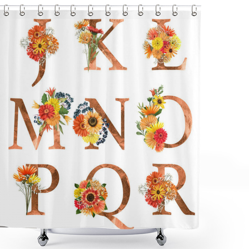 Personality  Set Of Floral Letters J-R With Autumn Flowers (asters And Gerber Daisies), Isolated Illustration On White Background, For Wedding Monogram, Greeting Cards, Logo Shower Curtains