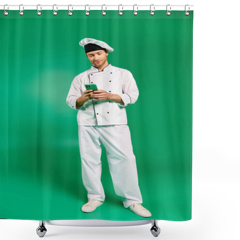 Personality  A Dapper Chef Communicating On Smartphone. Shower Curtains