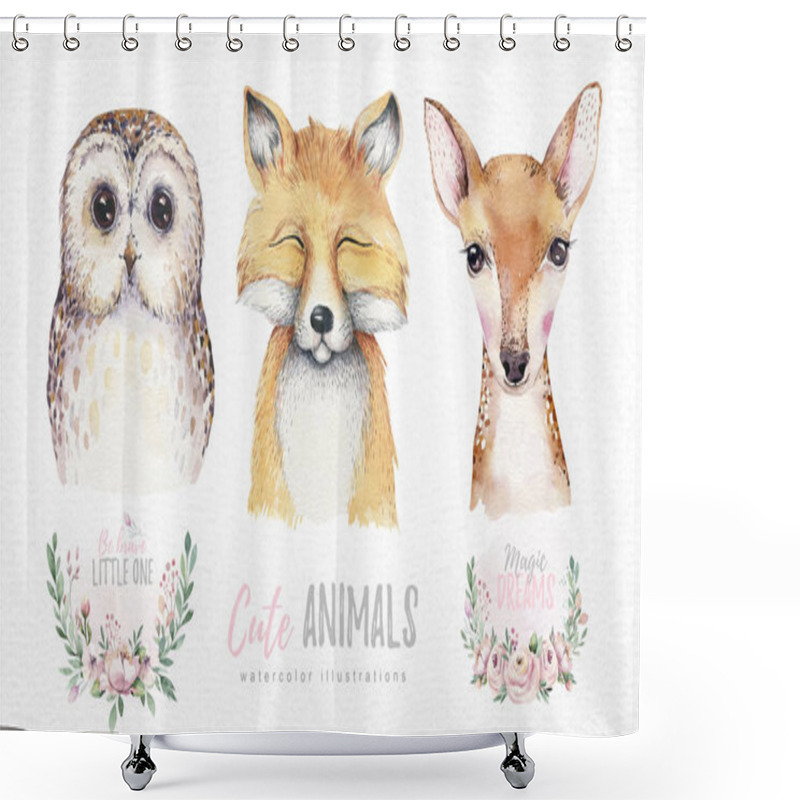 Personality  Watercolor Set Of Forest Cartoon Isolated Cute Baby Fox, Deer And Owl Animal With Flowers. Nursery Woodland Illustration. Bohemian Boho Drawing For Nursery Poster, Patterns Shower Curtains