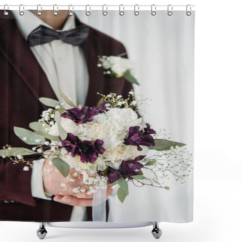 Personality  Partial View Of Groom In Suit With Beautiful Wedding Bouquet In Hands Shower Curtains