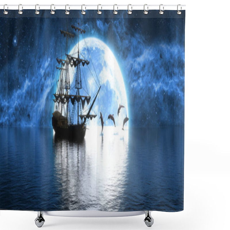 Personality  Ship And A Flock Of Frolicking Dolphins Against The Background Of A Large Full Moon, 3d Illustration Shower Curtains